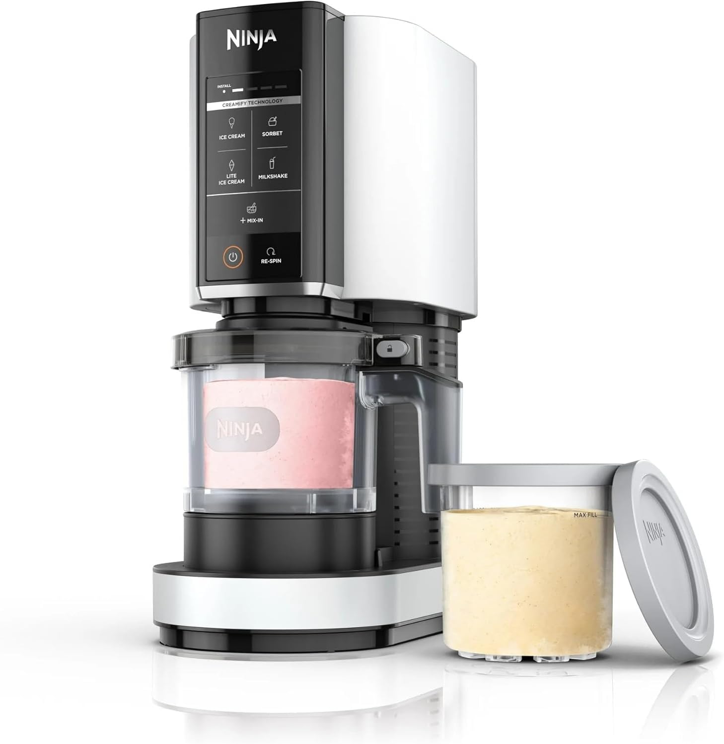 Ninja CREAMi Ice Cream Maker, 5 One-Touch Programs, Includes (2) 16oz Pints with Lids, Transform Frozen Bases to Ice Cream, Sorbets, Milkshakes, Vegan, Dairy-Free Options, NC300 White (Renewed)