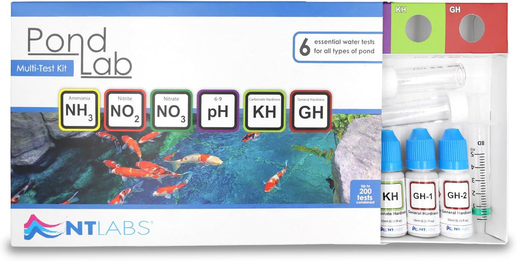 NT Labs Pond Lab Multi Test Kit (Up to 200 Tests) | All-in-One Pond Water Test Kit. Tests for Ammonia, Nitrite, Nitrate, pH, General Hardness (GH) & Carbonate Hardness (KH).