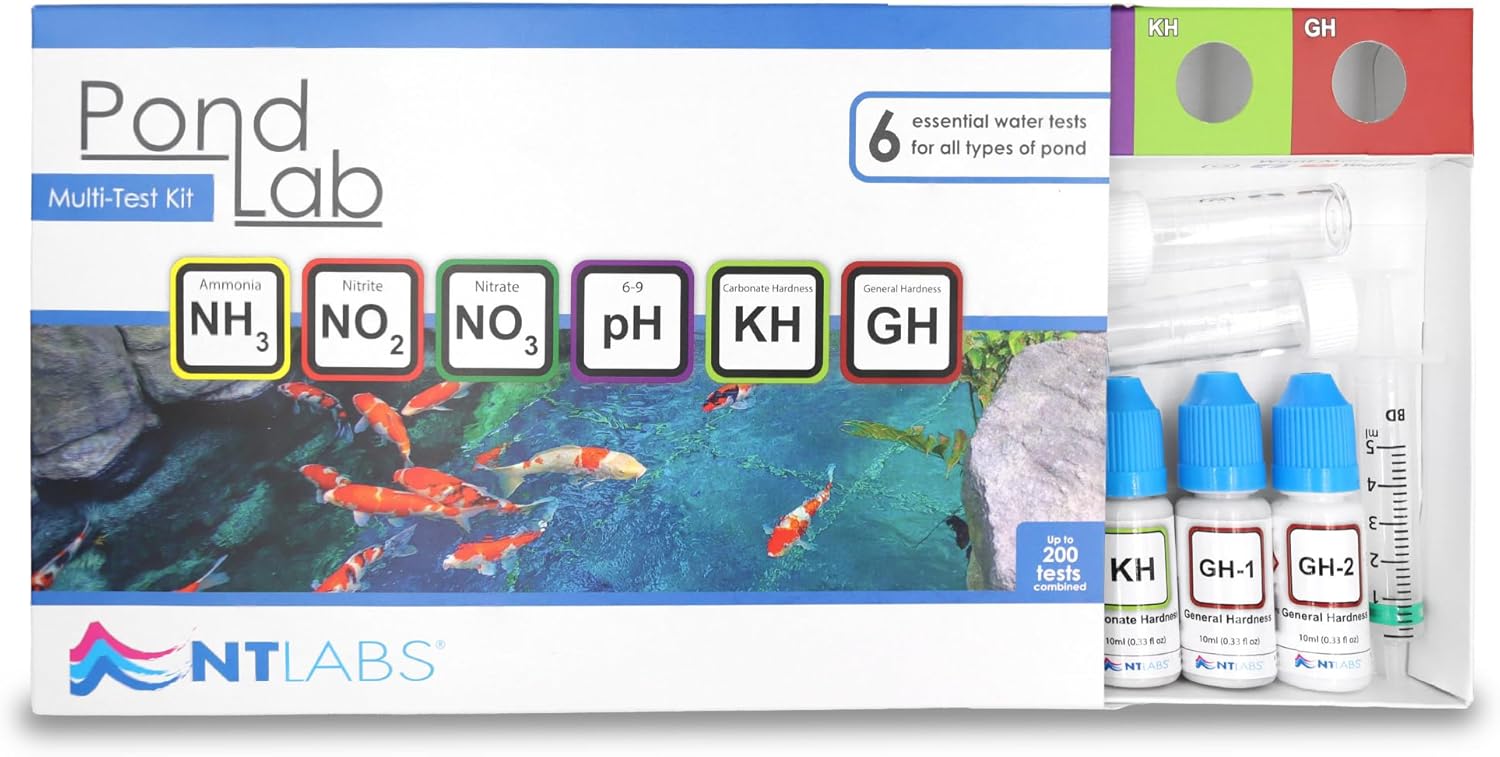 NT Labs Pond Lab Multi Test Kit (Up to 200 Tests) | All-in-One Pond Water Test Kit. Tests for Ammonia, Nitrite, Nitrate, pH, General Hardness (GH) & Carbonate Hardness (KH).