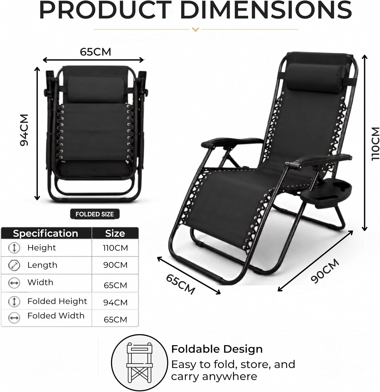 Zero Gravity Chairs Set of 2 Folding Sun Loungers, Reclining Outdoor Garden | Lockable 170°, Steel Frame, 150 kg Load Headrest Pillow, Adjustable, Lightweight, for Deck, Patio, Poolside, Beach, Camping