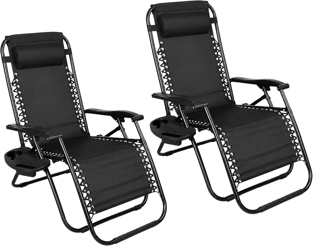 Zero Gravity Chairs Set of 2 Folding Sun Loungers, Reclining Outdoor Garden | Lockable 170°, Steel Frame, 150 kg Load Headrest Pillow, Adjustable, Lightweight, for Deck, Patio, Poolside, Beach, Camping