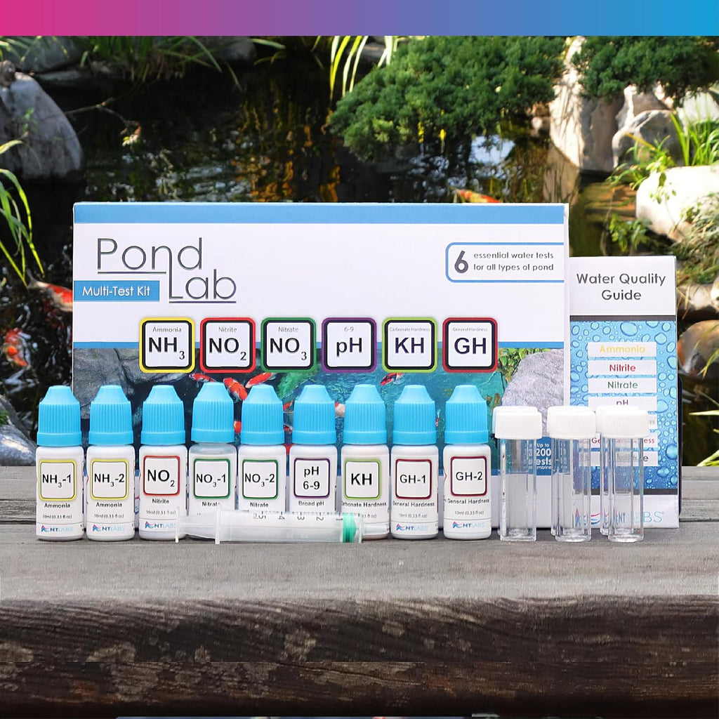 NT Labs Pond Lab Multi Test Kit (Up to 200 Tests) | All-in-One Pond Water Test Kit. Tests for Ammonia, Nitrite, Nitrate, pH, General Hardness (GH) & Carbonate Hardness (KH).