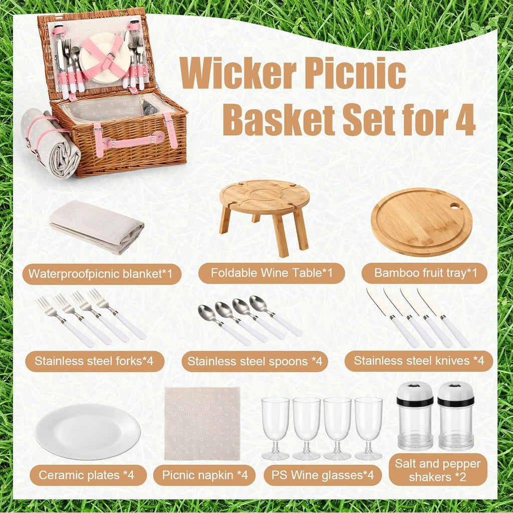 Briwooody Wicker Picnic Basket Set for 4 with Foldable Bamboo Camping Table, Round Bamboo Cutting Board Outdoor Dining Set with Utensils Plates and Blanket for Camping Beach Backyard Party