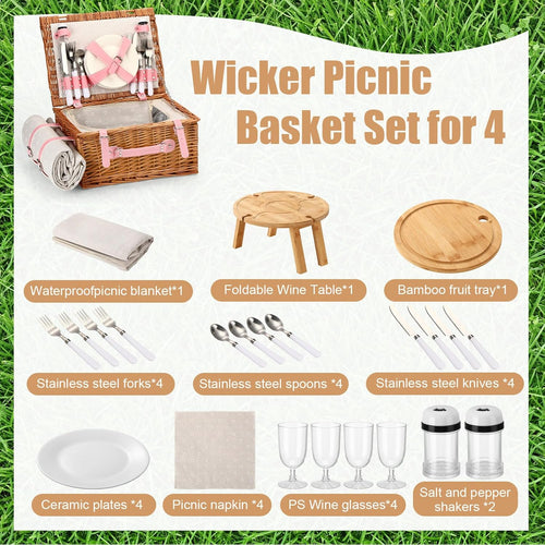 Briwooody Wicker Picnic Basket Set for 4 with Foldable Bamboo Camping Table, Round Bamboo Cutting Board Outdoor Dining Set with Utensils Plates and Blanket for Camping Beach Backyard Party