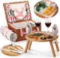 Briwooody Wicker Picnic Basket Set for 4 with Foldable Bamboo Camping Table, Round Bamboo Cutting Board Outdoor Dining Set with Utensils Plates and Blanket for Camping Beach Backyard Party