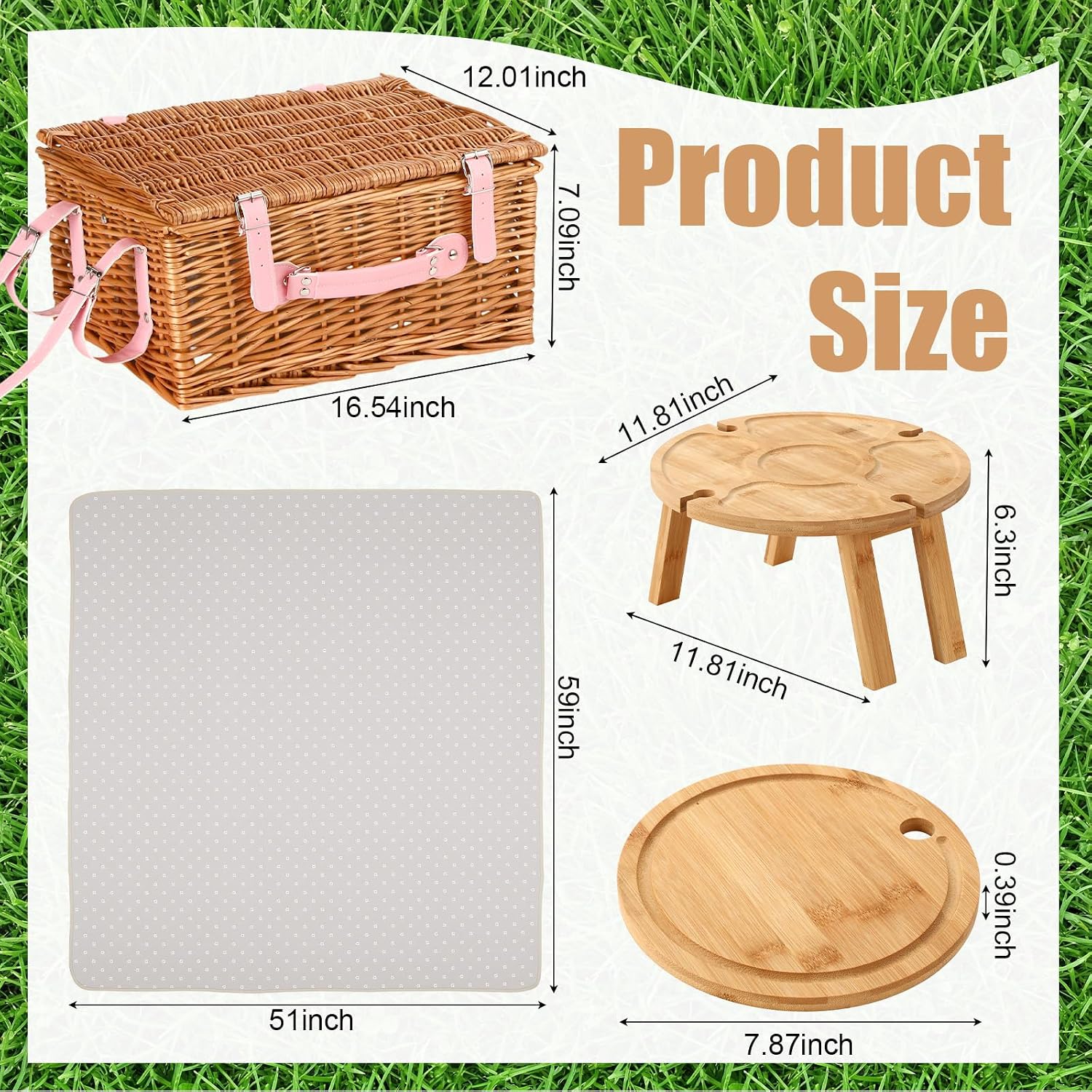Briwooody Wicker Picnic Basket Set for 4 with Foldable Bamboo Camping Table, Round Bamboo Cutting Board Outdoor Dining Set with Utensils Plates and Blanket for Camping Beach Backyard Party